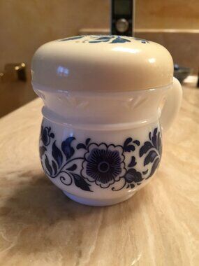 Vintage Avon Deft Milk Glass Jar White with Blue Design